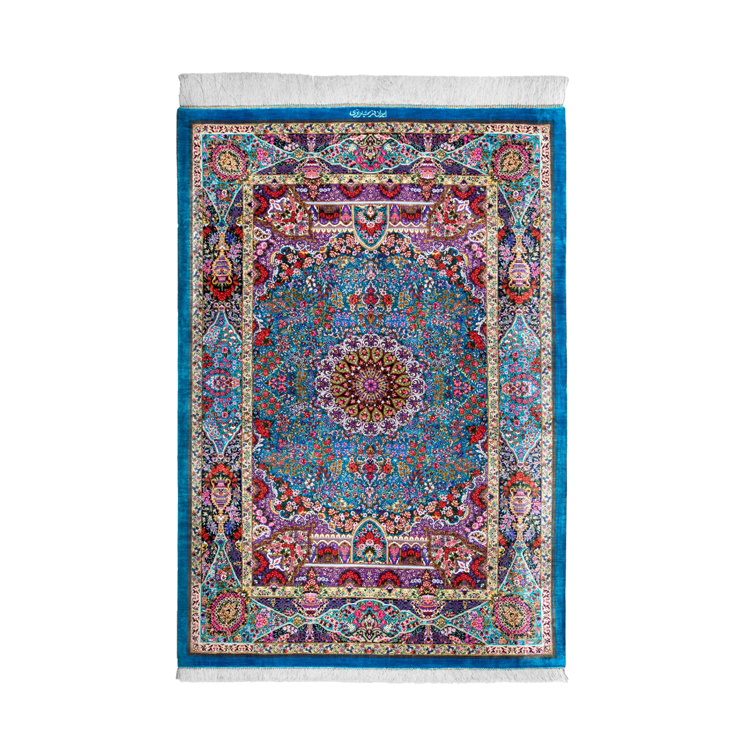 Garden Panel Persian handmade silk rug in Blue, 145 × 100 cm