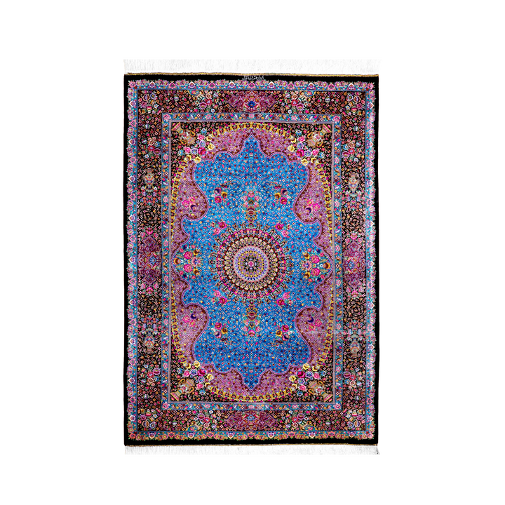 Central Medallion Persian handmade silk rug in Black, 149 × 102 cm