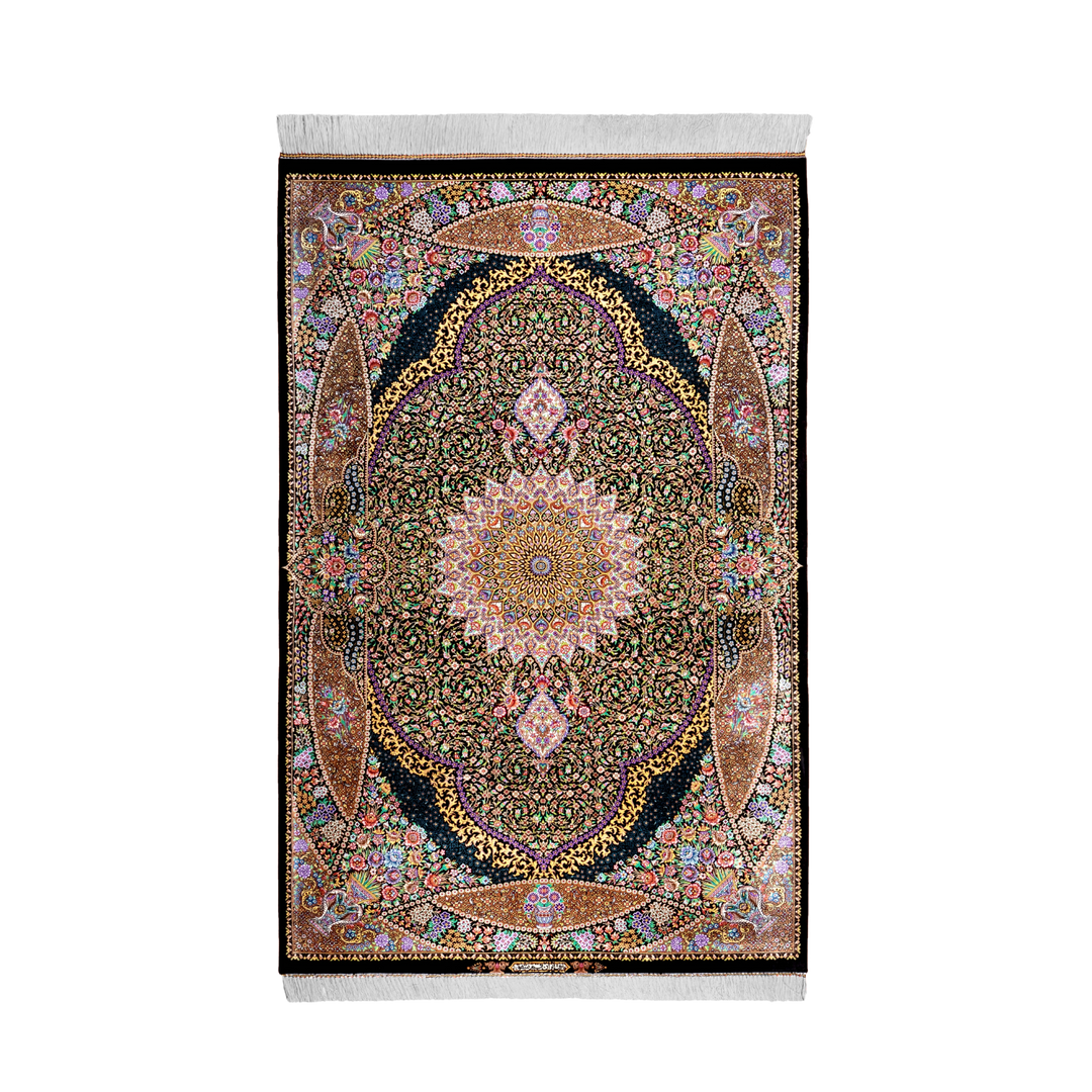 Medallion Persian handmade silk rug in Black, 157 × 102 cm