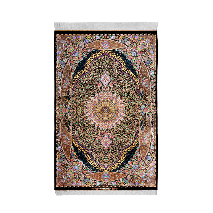 Medallion 波斯手工丝绸地毯，黑色，157 × 102 cm