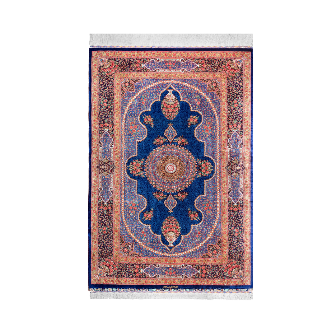 Mihrab Persian handmade silk rug in Dark Blue, 193 × 129 cm