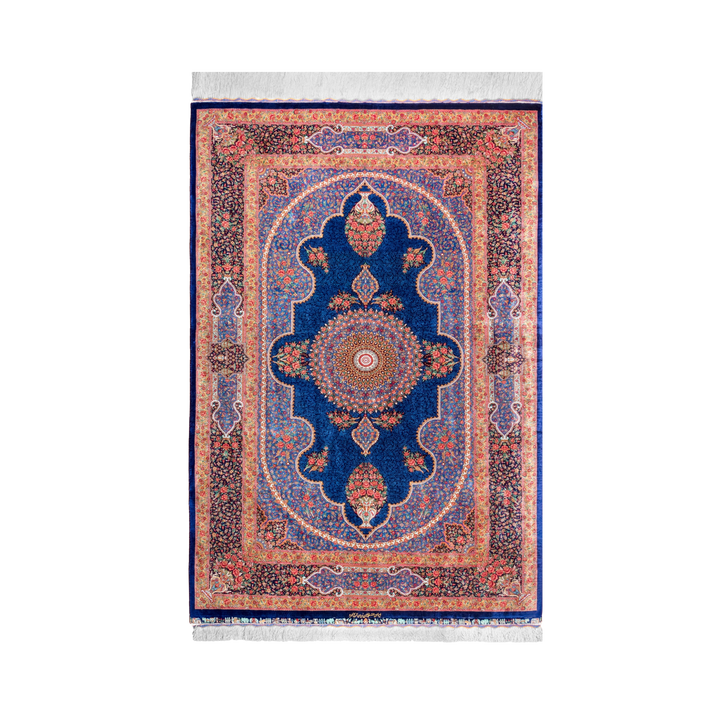 سجادة فارسية حريرية مصنوعة يدويًا Mihrab، بلون أزرق داكن، 193 × 129 cm