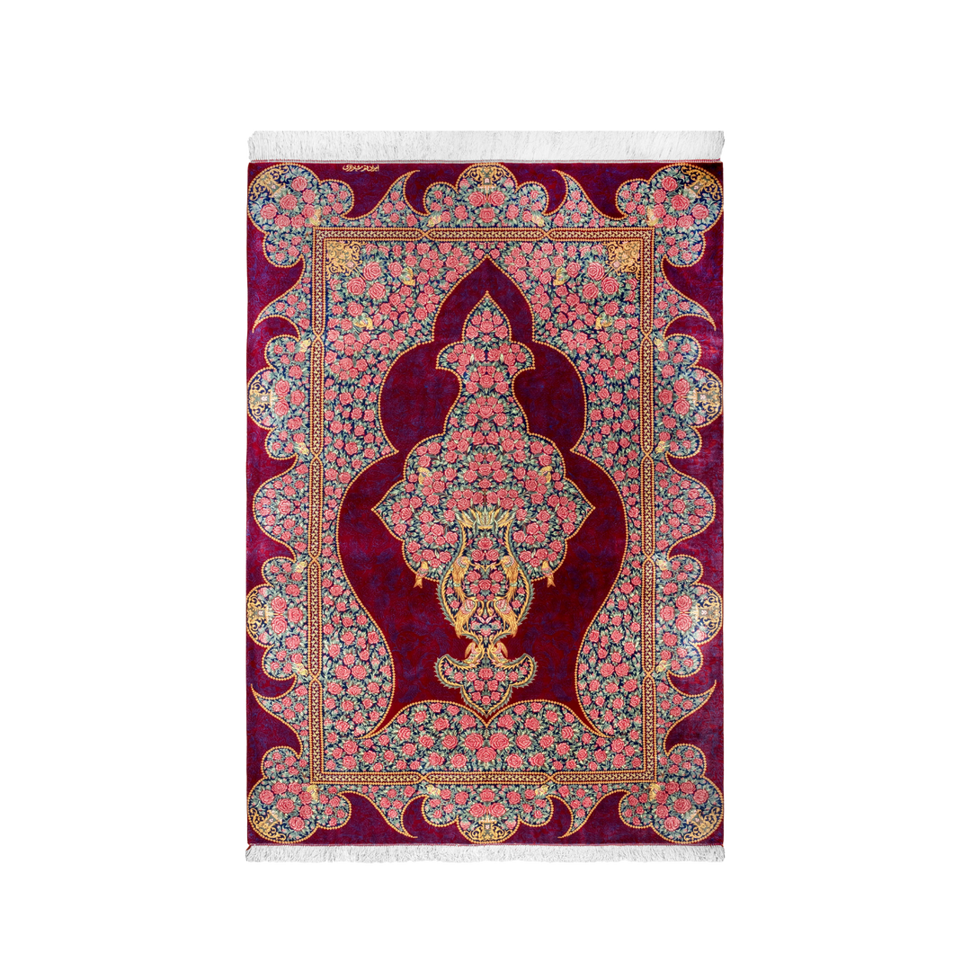 Vase Persian handmade silk rug in Dark pink, 190 × 131 cm