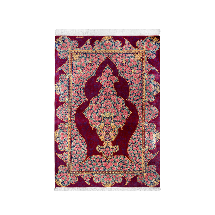 Vase Persian handmade silk rug in Dark pink, 190 × 131 cm