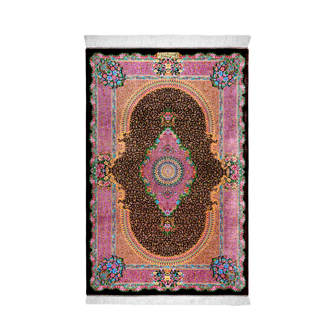 Oval medallion Persian handmade silk rug in Dark Brown, 155 × 102 cm
