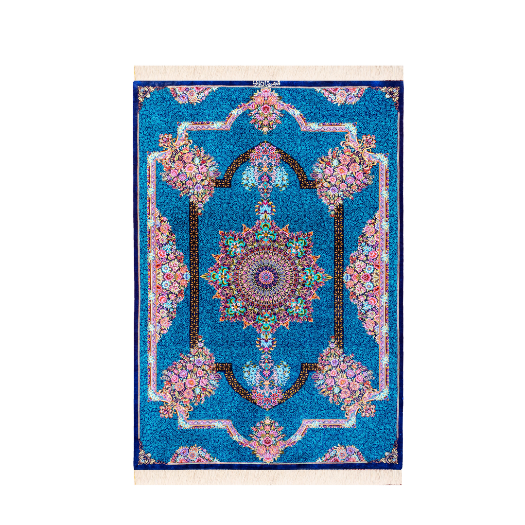 Corner Medallion Persian handmade silk rug in Blue, 150 × 100 cm
