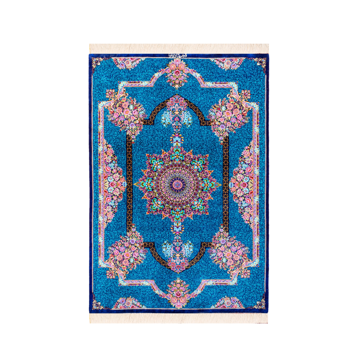 Corner Medallion Persian handmade silk rug in Blue, 150 × 100 cm