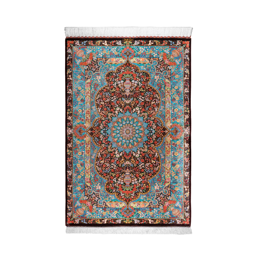 Medallion Vase Persian handmade silk rug in Dark Brown, 150 × 100 cm
