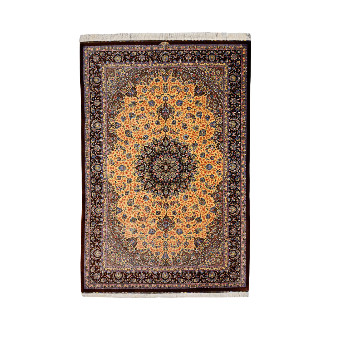 Central Medallion Persian handmade silk rug in Dark Brick, 292 × 196 cm