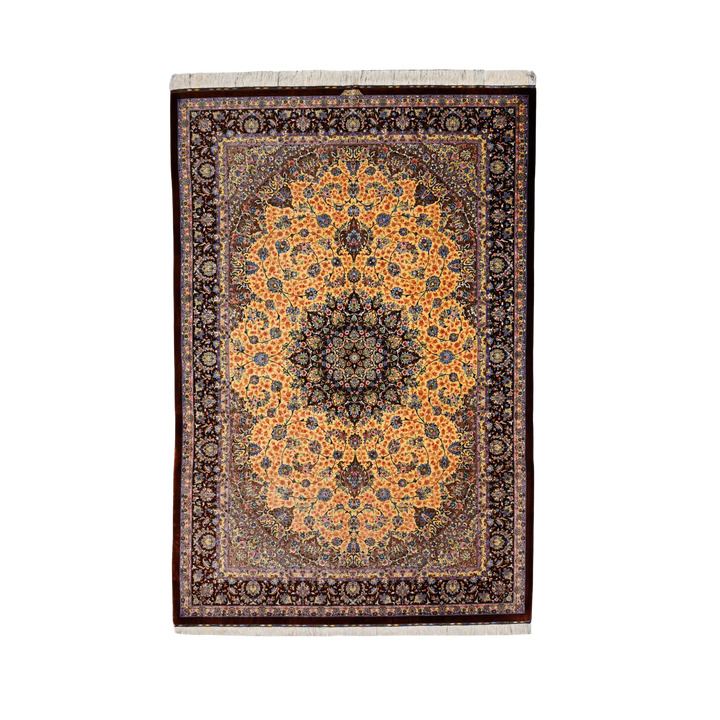 Central Medallion Persian handmade silk rug in Dark Brick, 292 × 196 cm