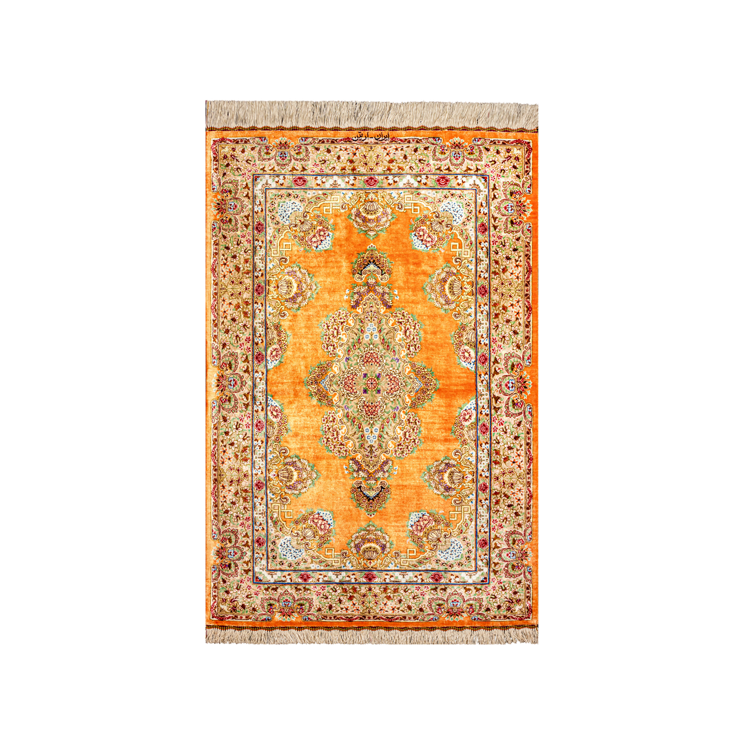 Herati Persian handmade silk rug in Orange, 149 × 98 cm