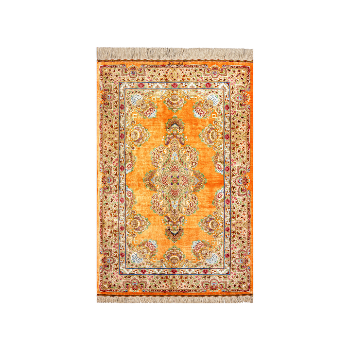 Herati Persian handmade silk rug in Orange, 149 × 98 cm