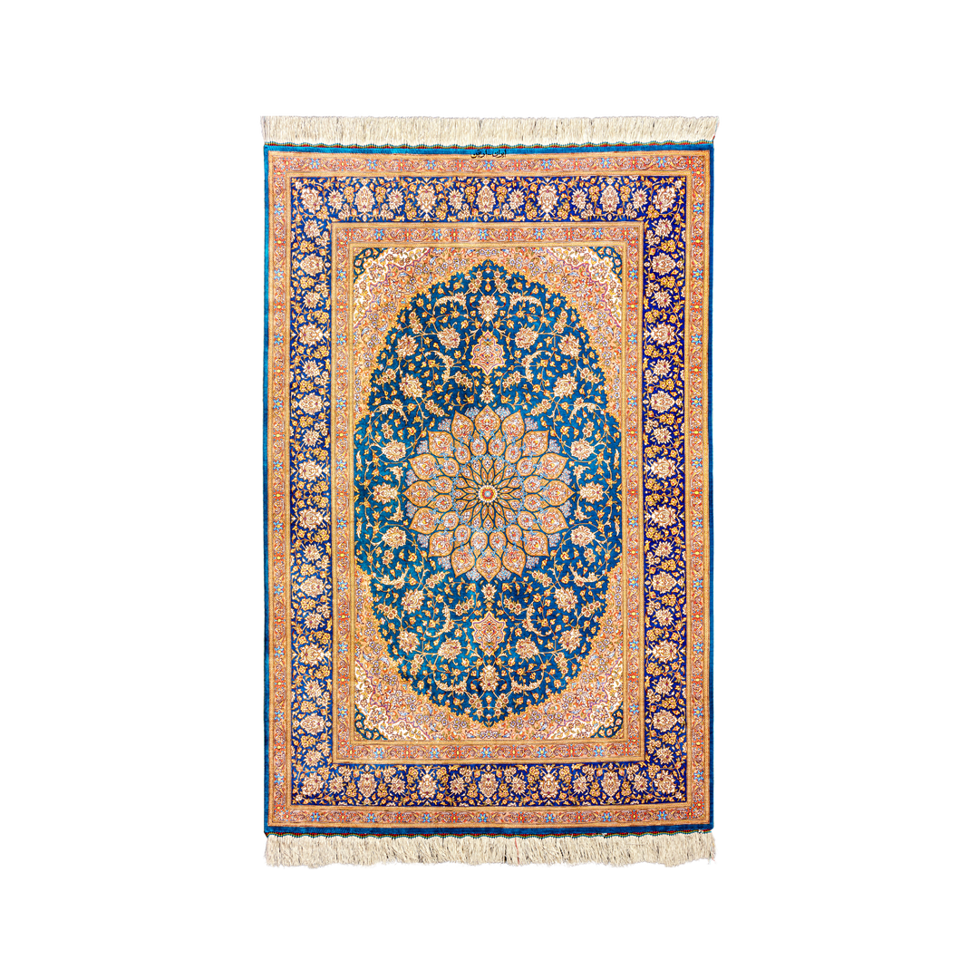 Medallion Persian handmade silk rug in Blue, 197 × 130 cm