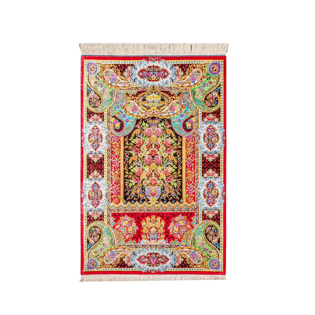 Bouquet Persian handmade silk rug in Red, 177 × 118 cm