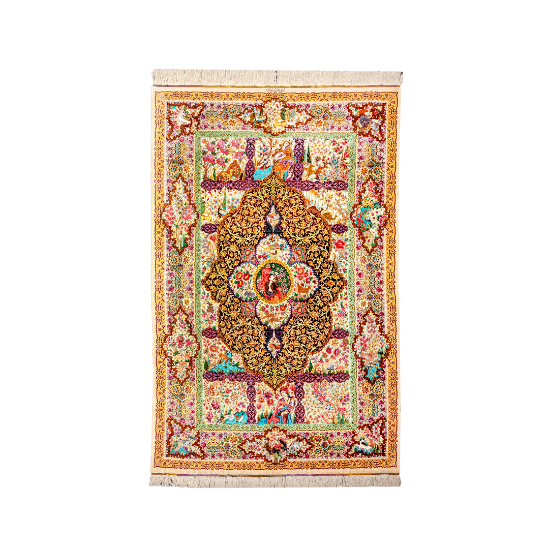 Leili Majnon Persian handmade silk rug in Beige, 207 × 132 cm