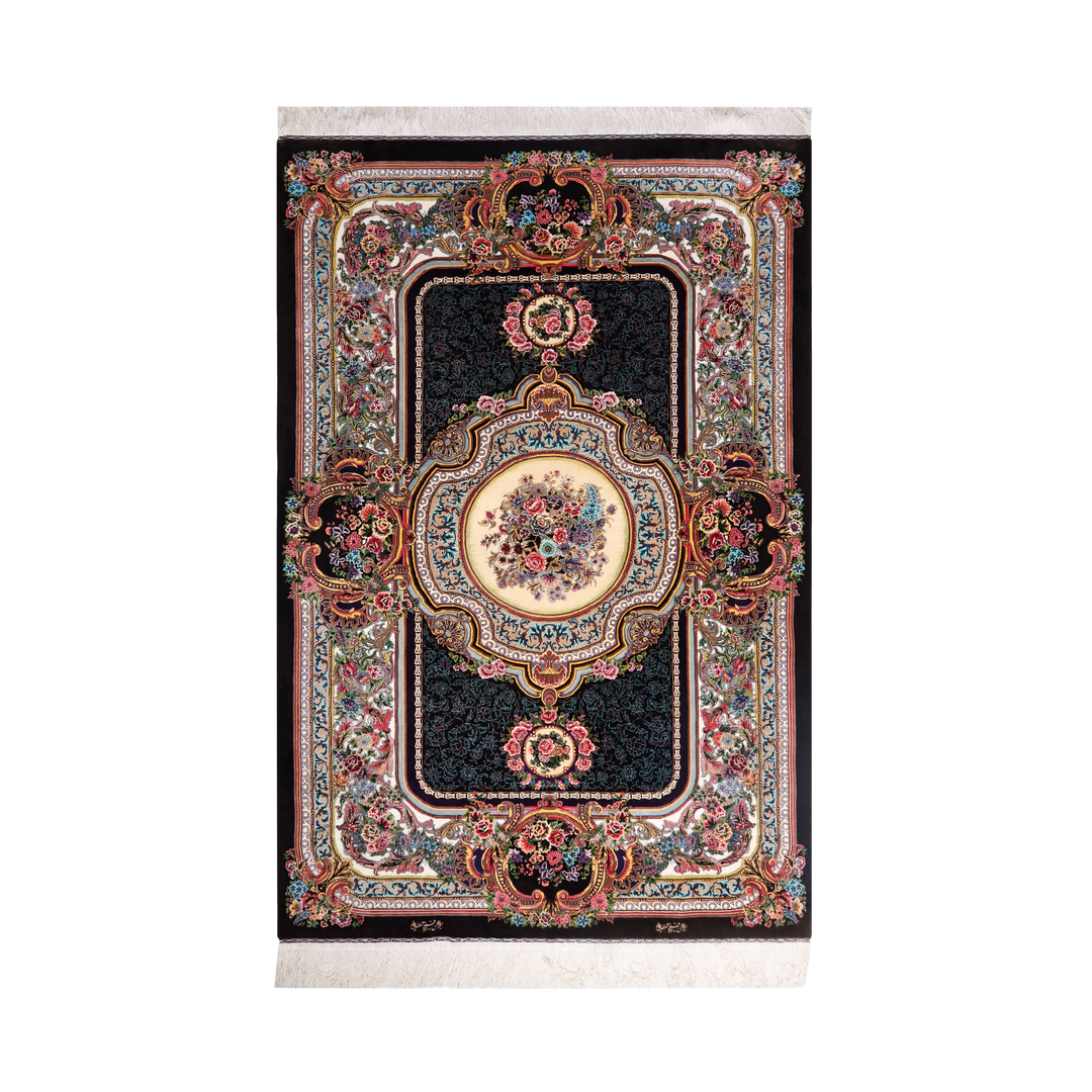 European Cartouche Medallion Persian handmade silk rug in Brown, 210 × 139 cm