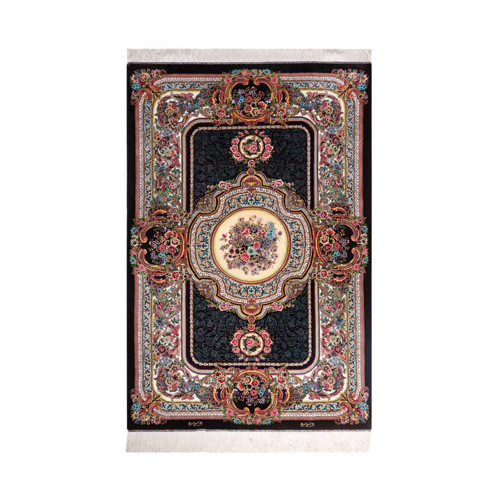 European Cartouche Medallion 波斯手工丝绸地毯，棕色，210 × 139 cm