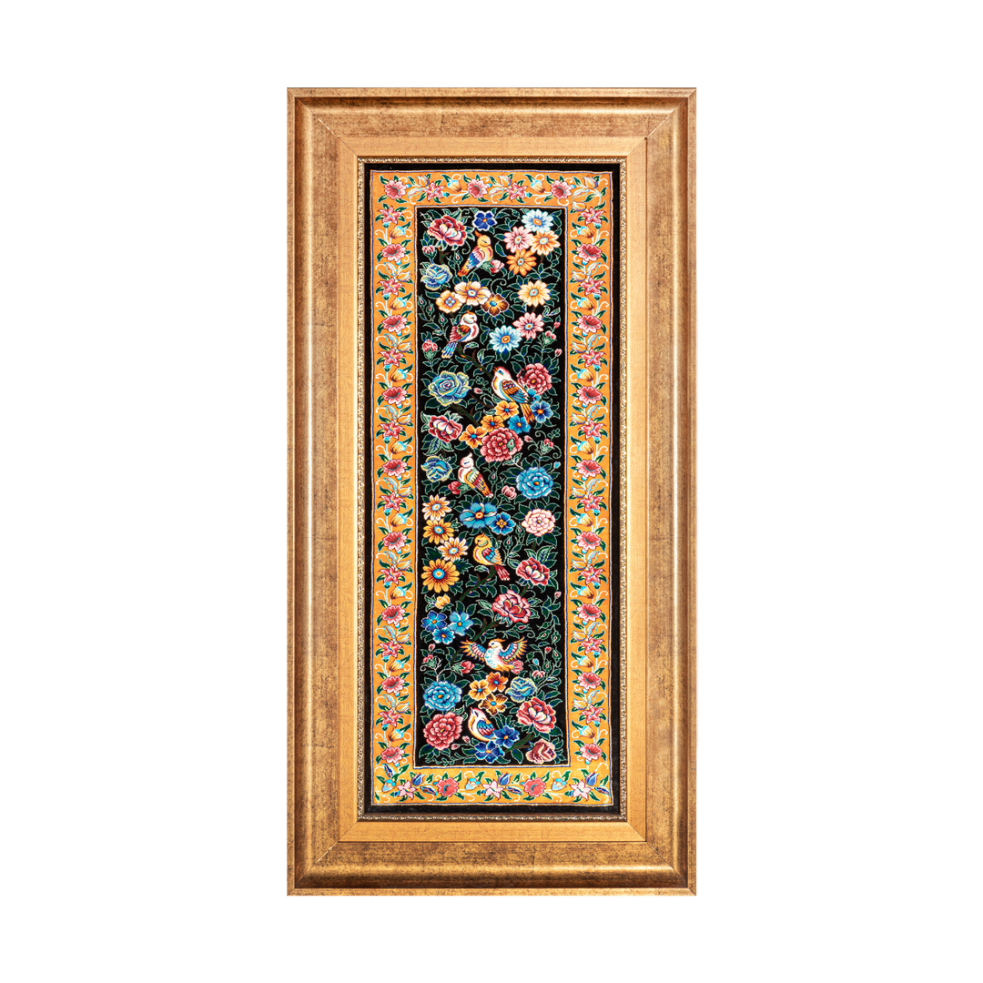 Bird Garden Persian handmade silk rug in Black, 82 × 33 cm