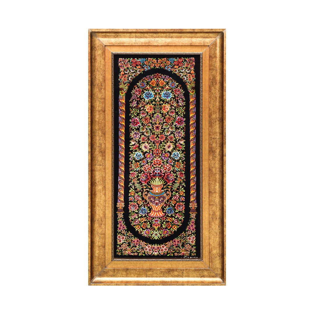 Floral Vase Persian handmade silk rug in Black, 81 × 34 cm