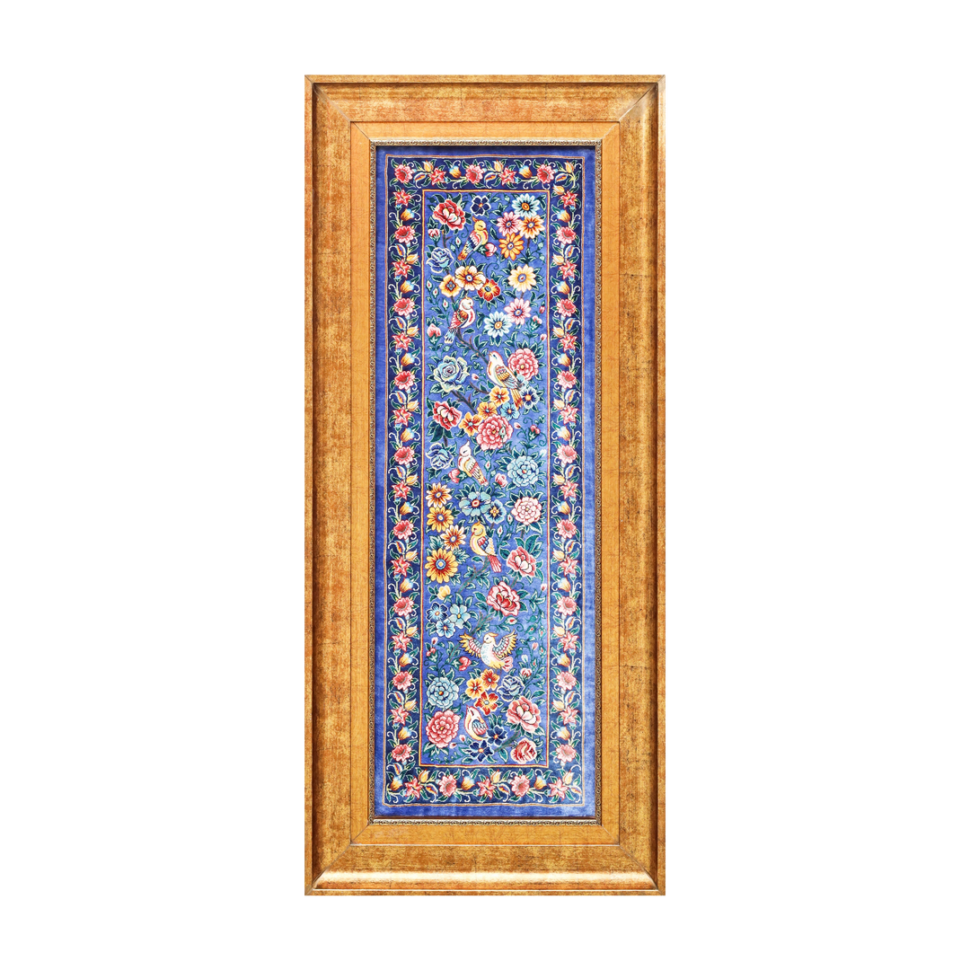 Bird Garden Persian handmade silk rug in Blue, 92 × 32 cm
