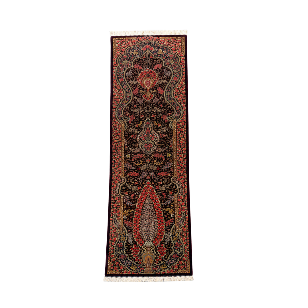 Vase Tree Of Life Persian handmade silk rug in Aubergine, 297 × 72 cm