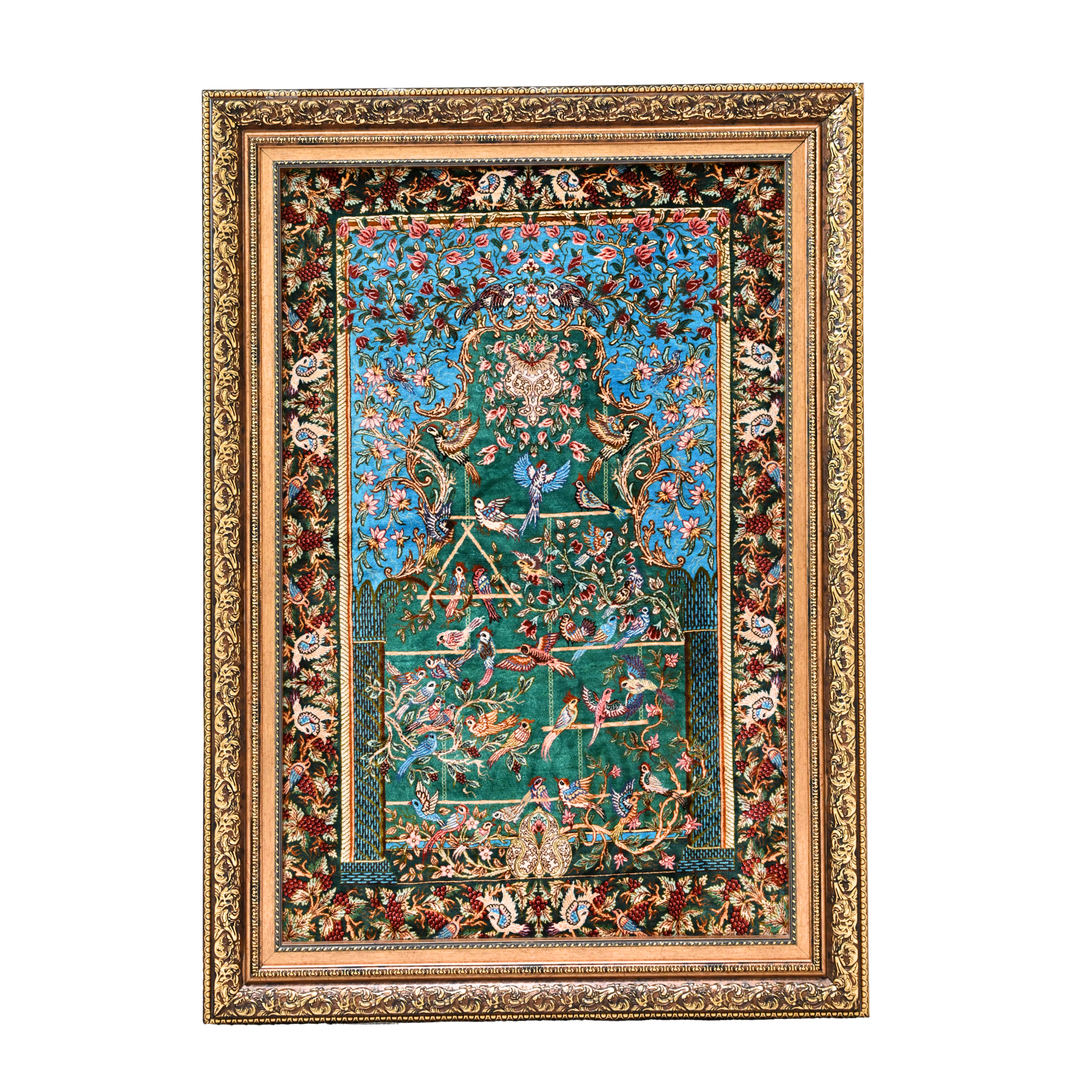 Bird Garden Persian handmade silk rug in Green, 120 × 80 cm