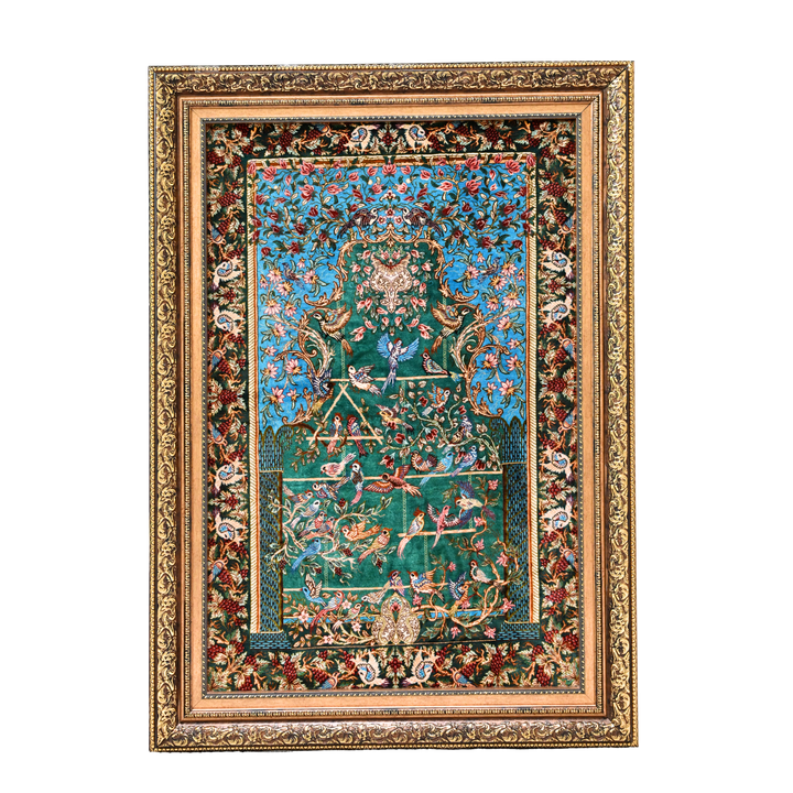 Bird Garden Persian handmade silk rug in Green, 120 × 80 cm