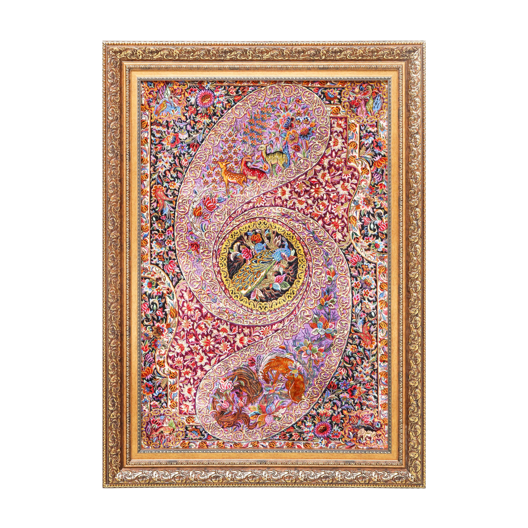 Figural Boteh Medallion Persian handmade silk rug in Purple, 116 × 80 cm
