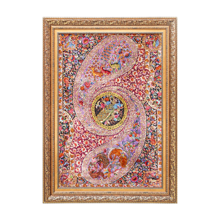 Figural Boteh Medallion Persian handmade silk rug in Purple, 116 × 80 cm