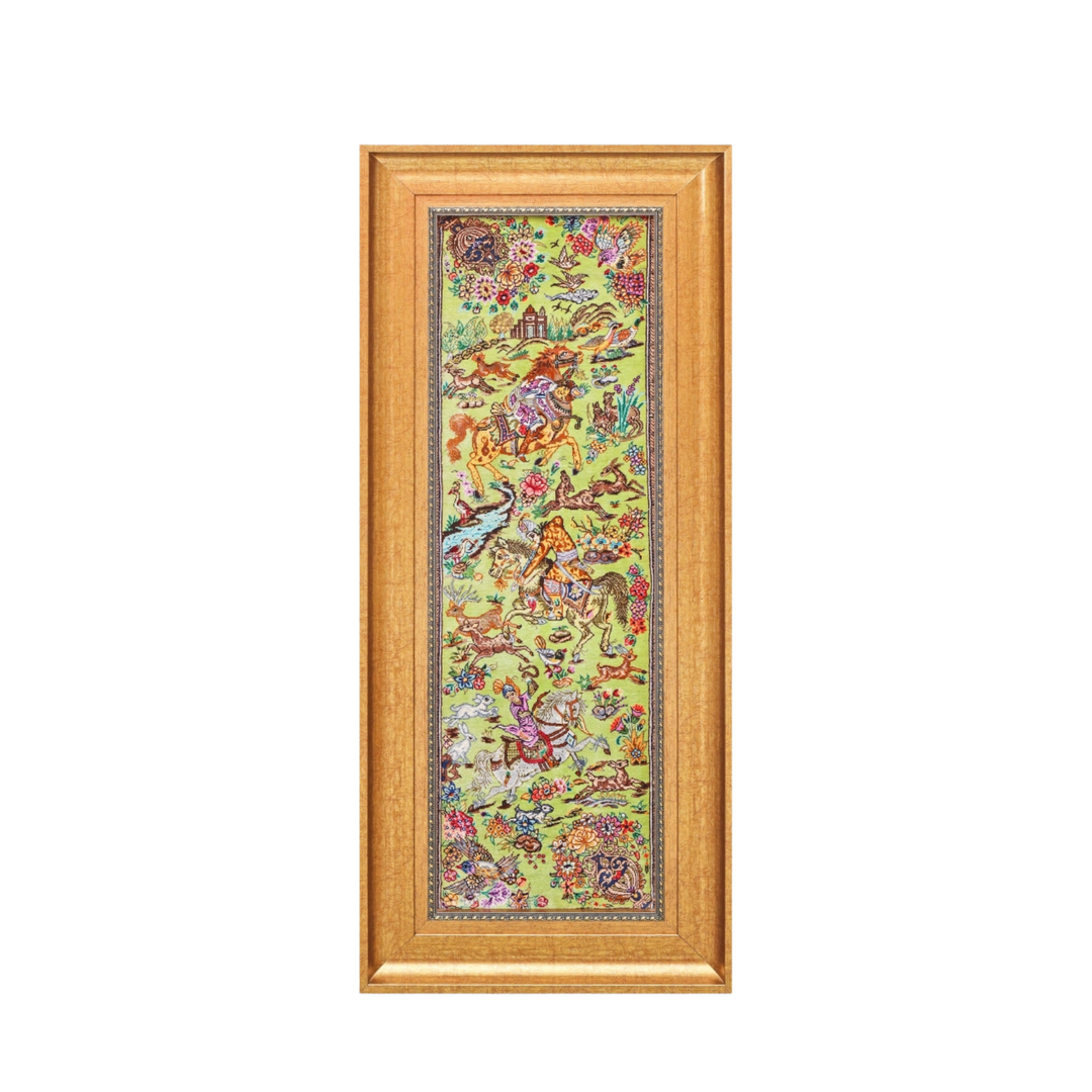 Hunting Persian handmade silk rug in Light Green, 88 × 28 cm