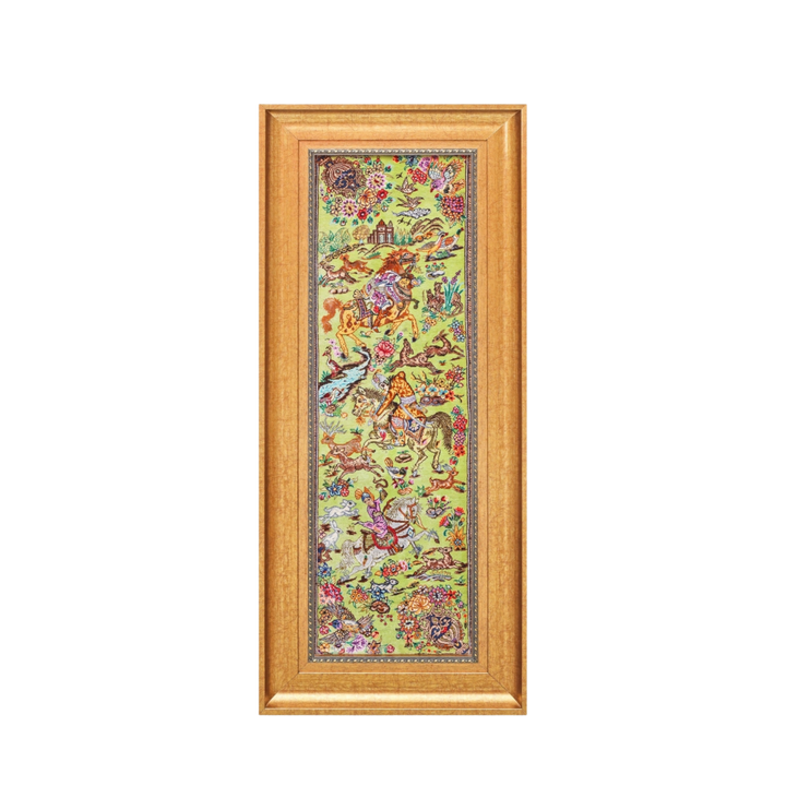 Hunting Persian handmade silk rug in Light Green, 88 × 28 cm