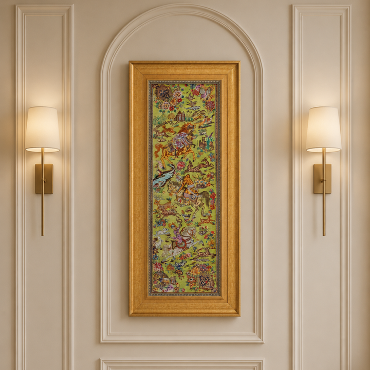 Hunting Persian handmade silk rug in Light Green, 88 × 28 cm
