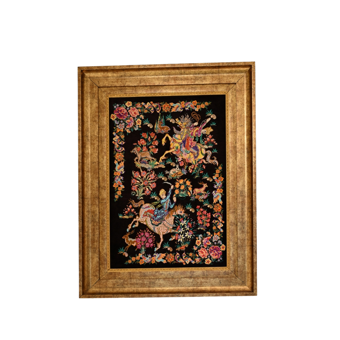 Hunting Persian handmade silk rug in Dark Brown, 60 × 41 cm