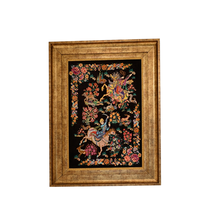 Hunting Persian handmade silk rug in Dark Brown, 60 × 41 cm