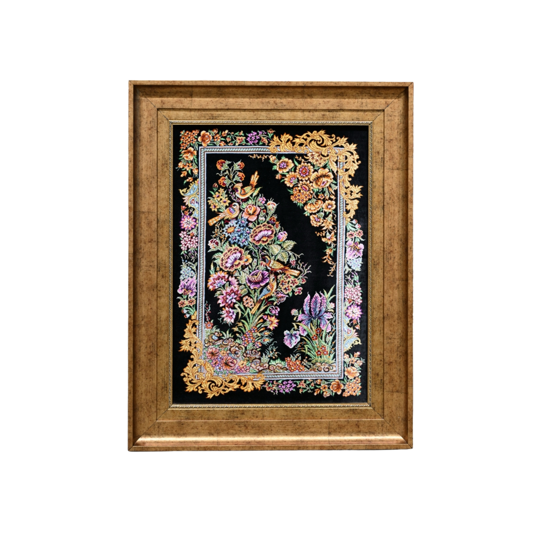Bird Garden Persian handmade silk rug in Black, 67 × 47 cm