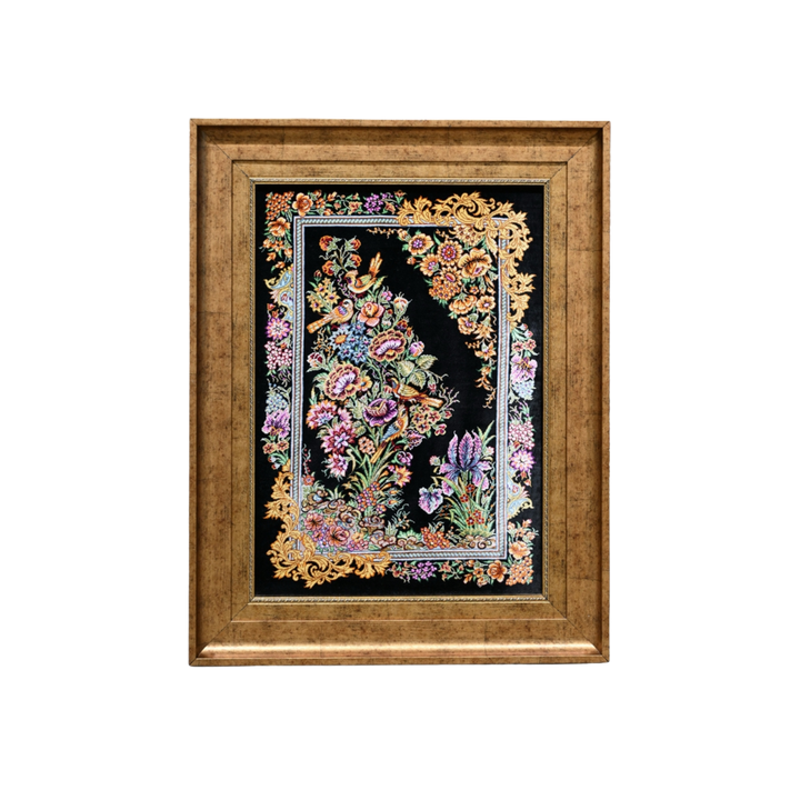 Bird Garden Persian handmade silk rug in Black, 67 × 47 cm