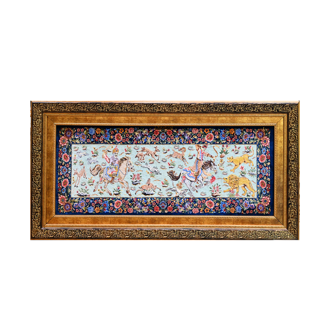Hunting Persian handmade silk rug in Dark Blue, 95 × 40 cm