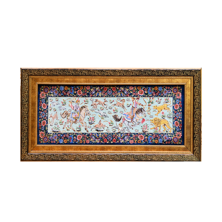 Hunting Persian handmade silk rug in Dark Blue, 95 × 40 cm