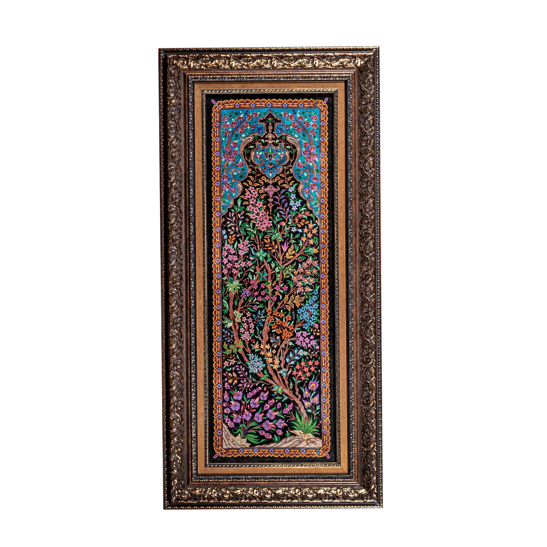 Life Tree Persian handmade silk rug in Black, 93 × 33 cm