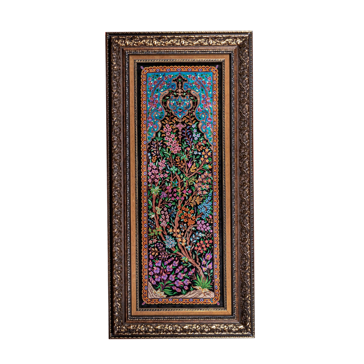 Life Tree Persian handmade silk rug in Black, 93 × 33 cm