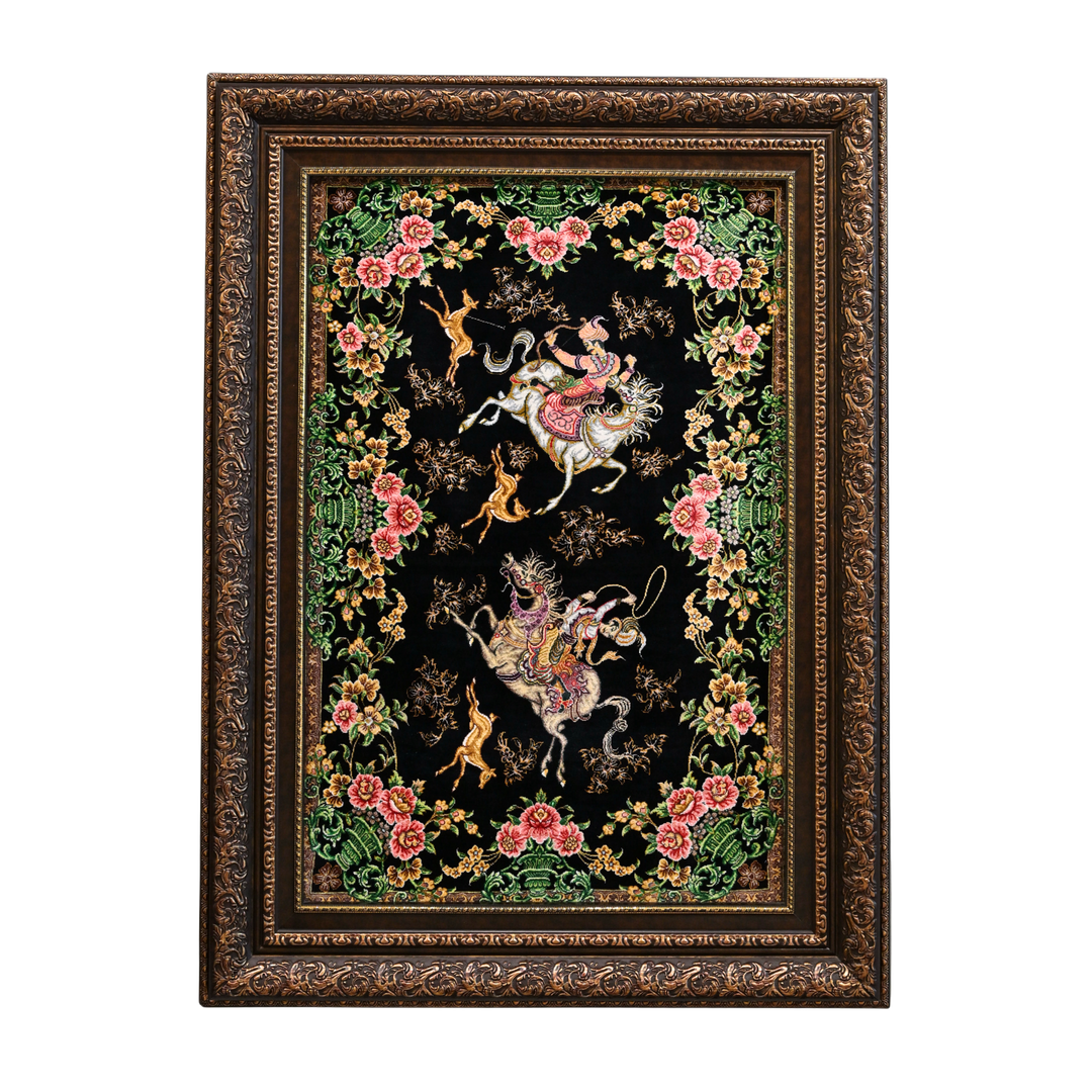Hunting Persian handmade silk rug in Black, 87 × 58 cm