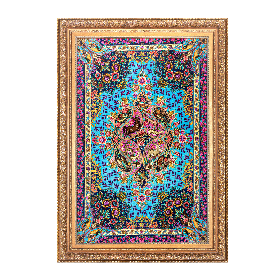 Animal Persian handmade silk rug in Blue, 120 × 77cm
