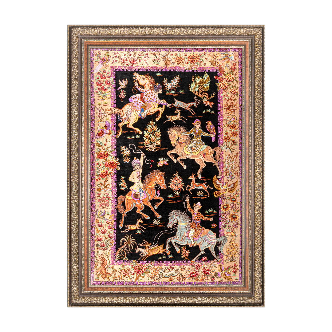 Hunting Persian handmade silk rug in Black, 121 × 80 cm