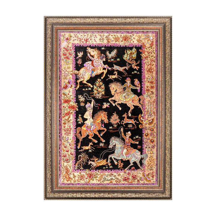 Hunting Persian handmade silk rug in Black, 121 × 80 cm