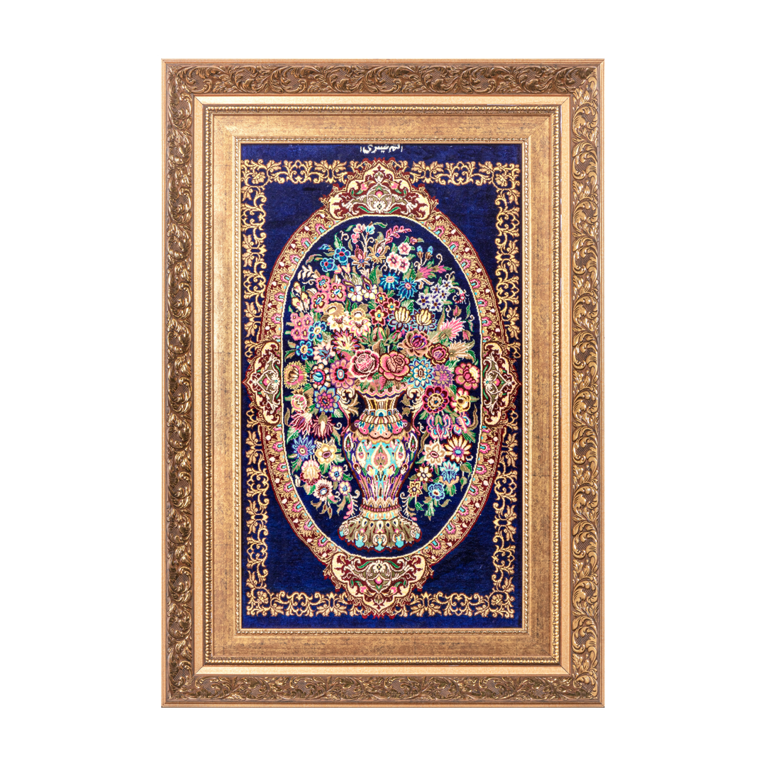 Vase of flowers Persian handmade silk rug in Blue, 68 × 40 cm