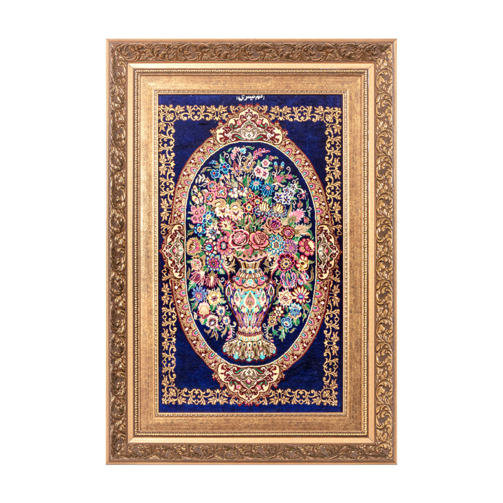 Vase of flowers Persian handmade silk rug in Blue, 68 × 40 cm