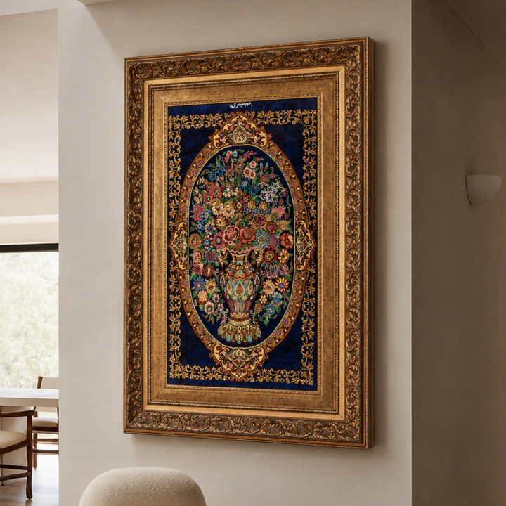 Vase of flowers Persian handmade silk rug in Blue, 68 × 40 cm