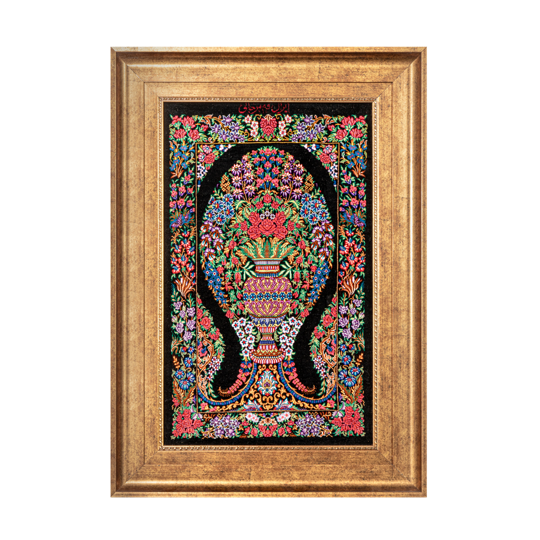 Vase of flowers Persian handmade silk rug in Black, 66 × 40 cm