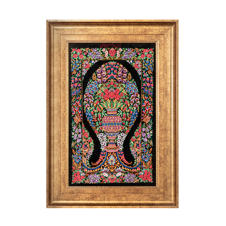 Vase of flowers Persian handmade silk rug in Black, 66 × 40 cm