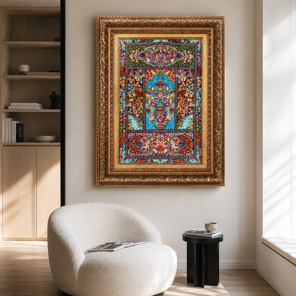 Panel Persian handmade silk rug in Black, 68 × 42 cm